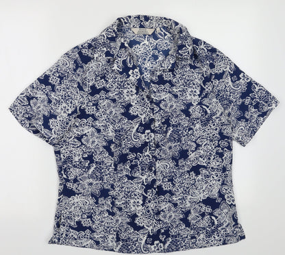 EWM Womens Blue Geometric Polyester Basic Button-Up Size 12 Collared