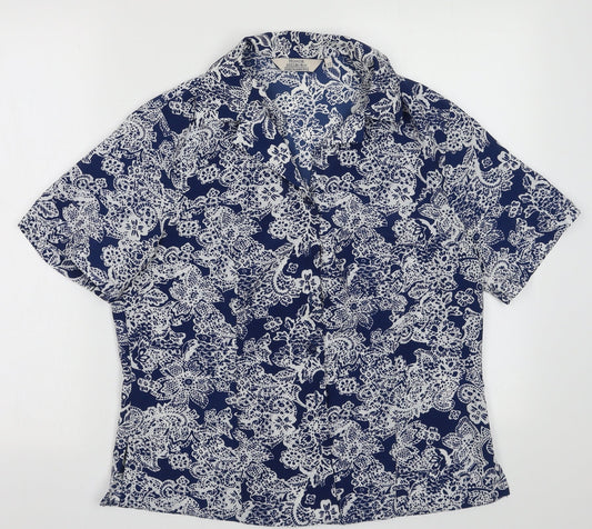 EWM Womens Blue Geometric Polyester Basic Button-Up Size 12 Collared