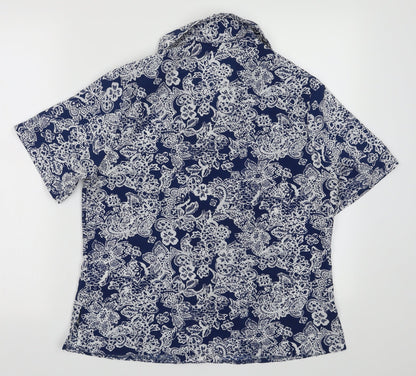 EWM Womens Blue Geometric Polyester Basic Button-Up Size 12 Collared