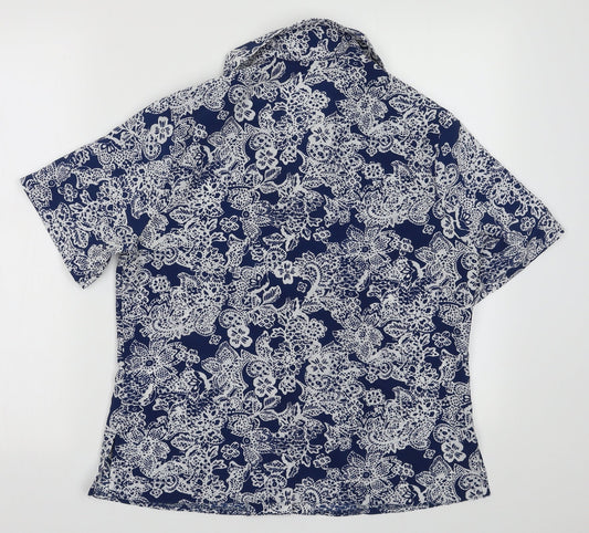 EWM Womens Blue Geometric Polyester Basic Button-Up Size 12 Collared