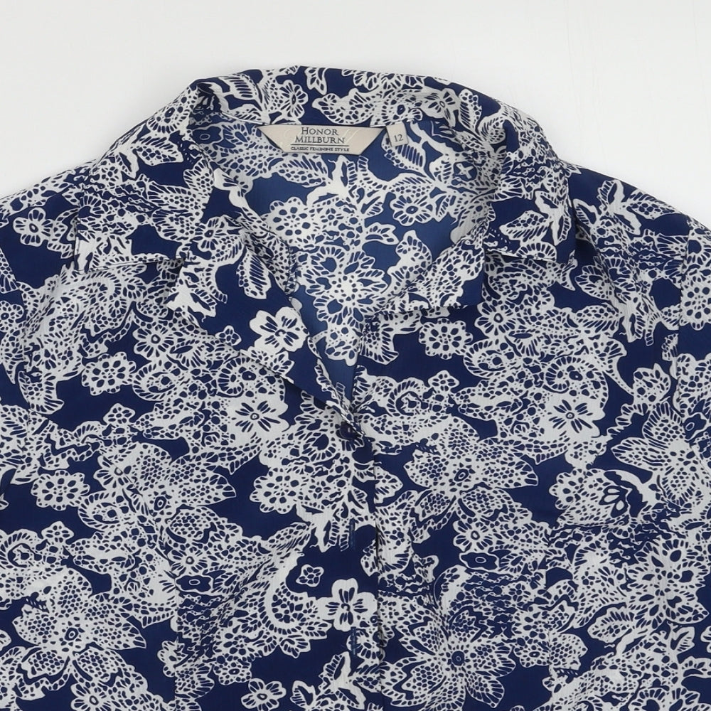 EWM Womens Blue Geometric Polyester Basic Button-Up Size 12 Collared