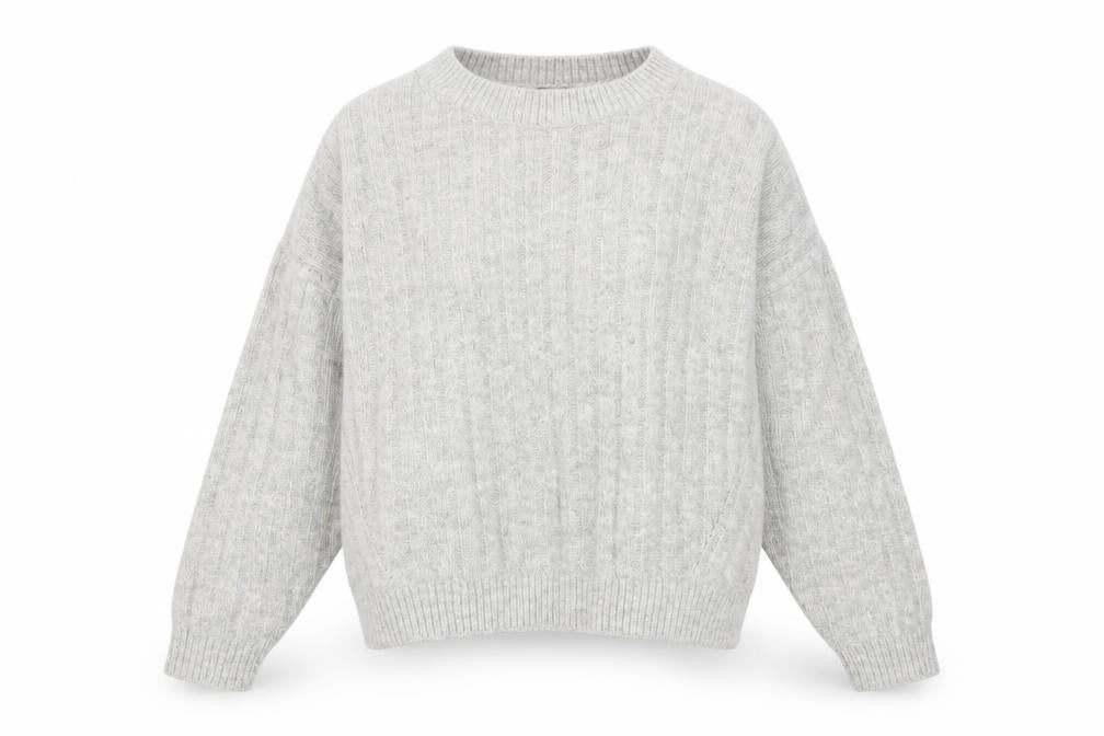 Front view of F&F women’s grey crew neck acrylic jumper, size UK 8
