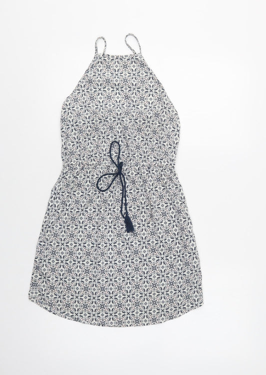 Primark Womens Blue Geometric Polyester Tank Dress  Size 6  Square Neck Drawstring