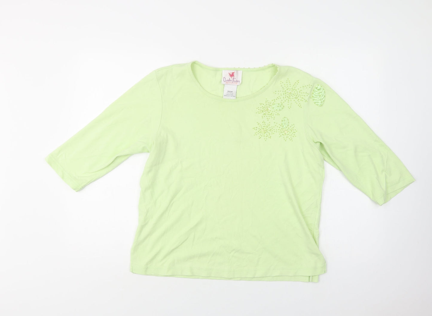 Quacker Factory Womens Green  Cotton Basic Blouse Size M Crew Neck