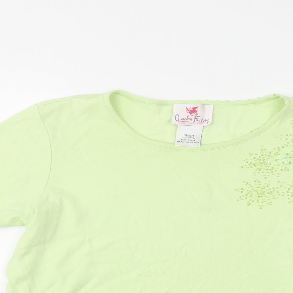 Quacker Factory Womens Green  Cotton Basic Blouse Size M Crew Neck