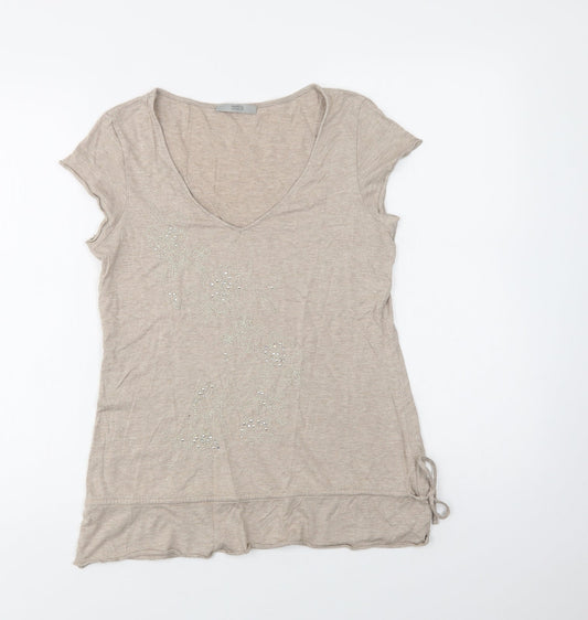 M&S Womens Beige  Cotton Basic Blouse Size 10 V-Neck