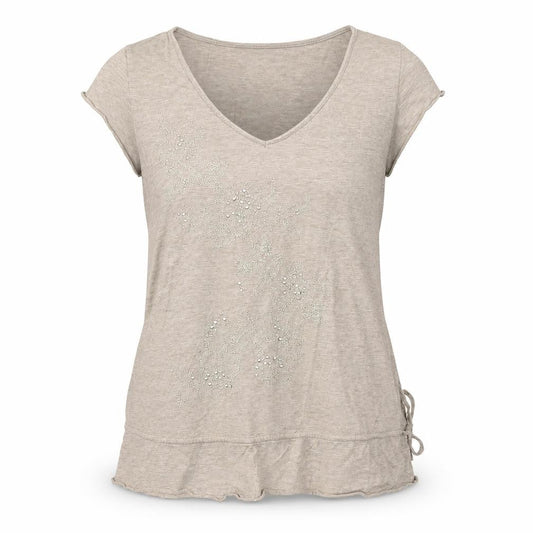 Front view of Marks & Spencer women’s beige cotton basic blouse, size UK 10, v-neck