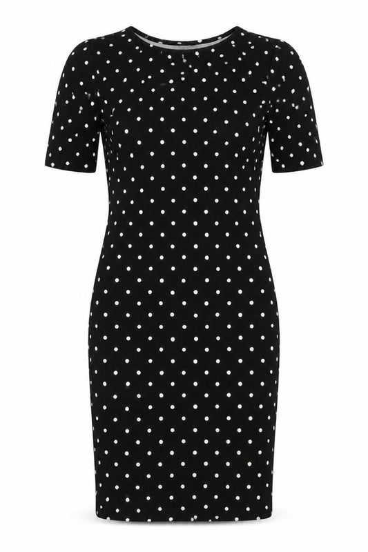 Front view of Forever women’s black polka dot polyester pencil dress, size M, crew neck