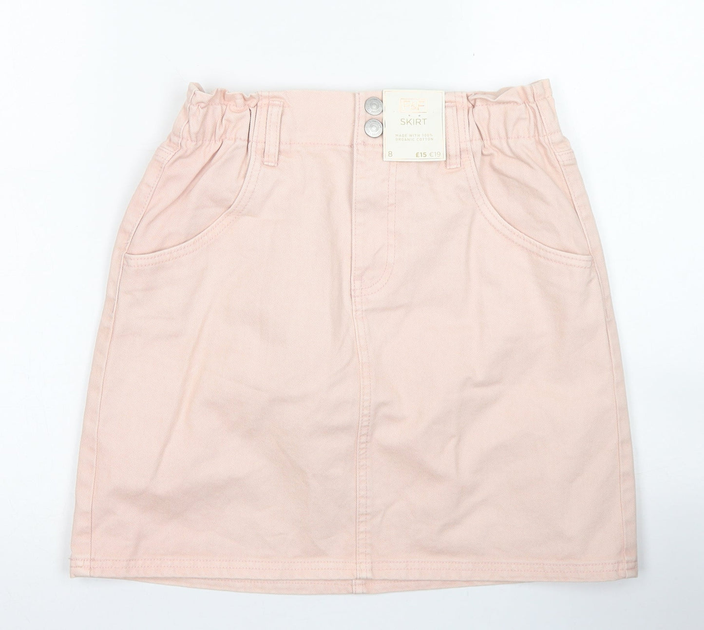 F&F Womens Pink  Cotton A-Line Skirt Size 8   Button - Paper Bag Waist