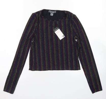 Primark Womens Black Striped Nylon Cropped T-Shirt Size 2XS Crew Neck