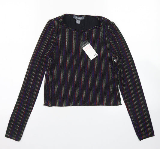 Primark Womens Black Striped Nylon Cropped T-Shirt Size 2XS Crew Neck