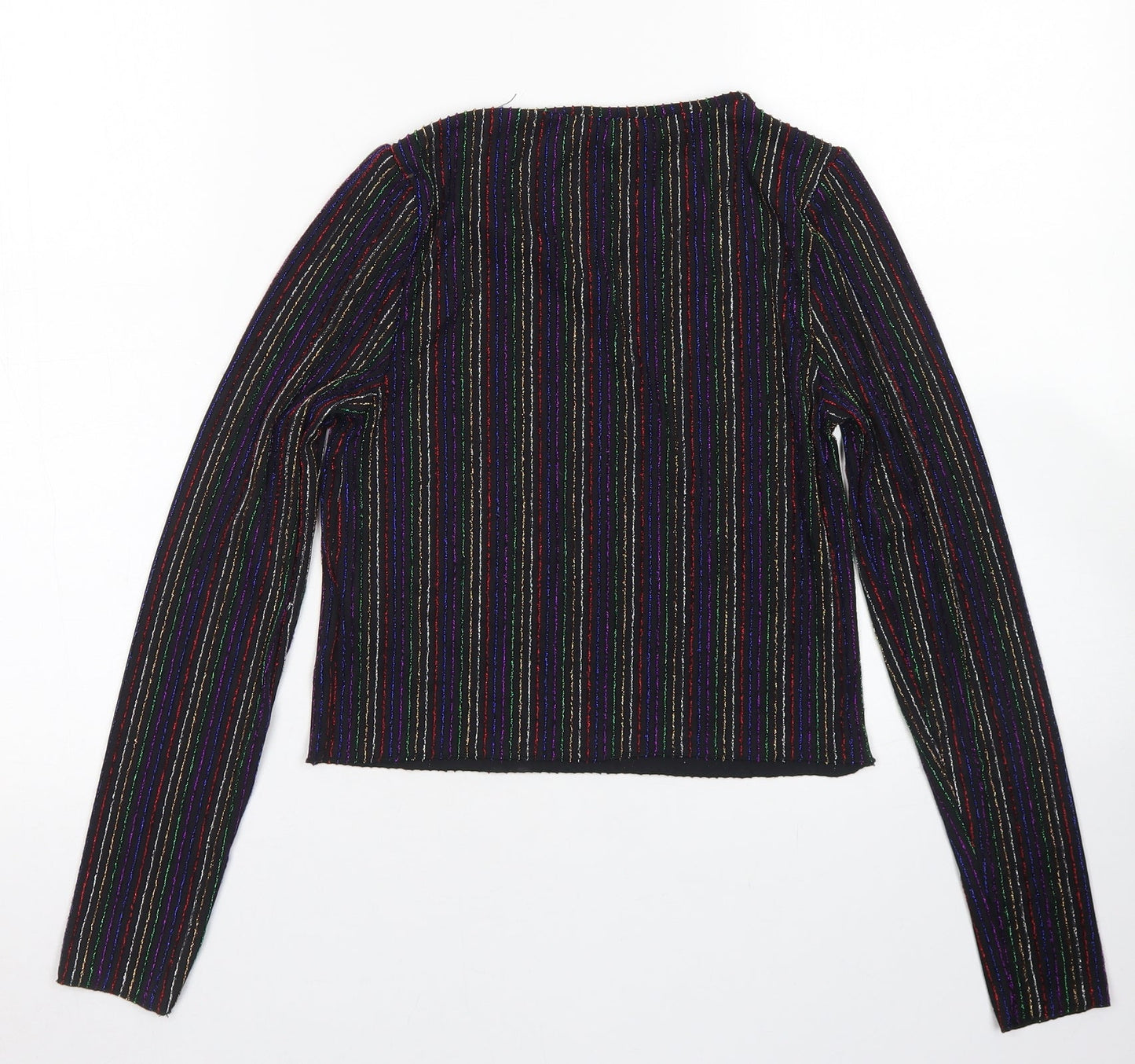 Primark Womens Black Striped Nylon Cropped T-Shirt Size 2XS Crew Neck