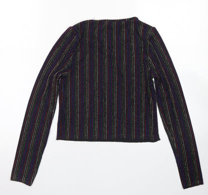 Primark Womens Black Striped Nylon Cropped T-Shirt Size 2XS Crew Neck