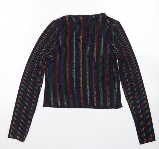 Primark Womens Black Striped Nylon Cropped T-Shirt Size 2XS Crew Neck