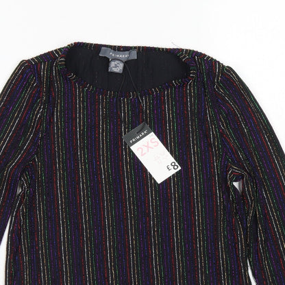 Primark Womens Black Striped Nylon Cropped T-Shirt Size 2XS Crew Neck