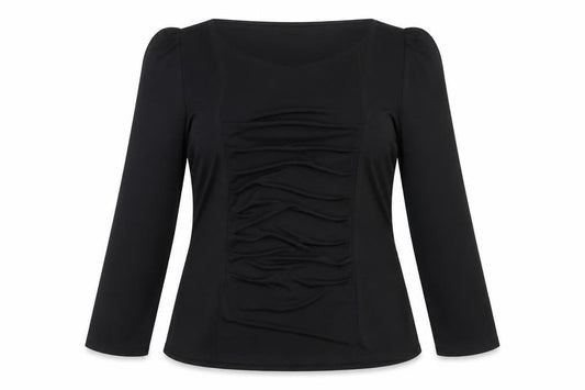 Front view of Saloos women’s black polyester basic blouse, size UK 14, square neck