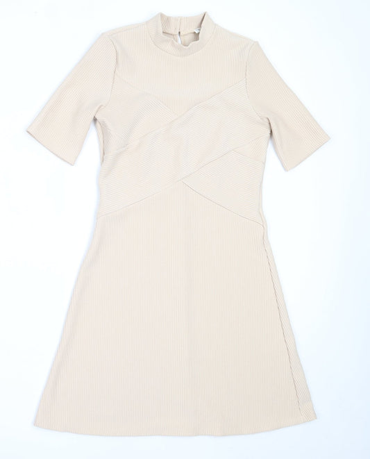 Miss Selfridge Womens Beige  Polyester Fit & Flare  Size 8  High Neck