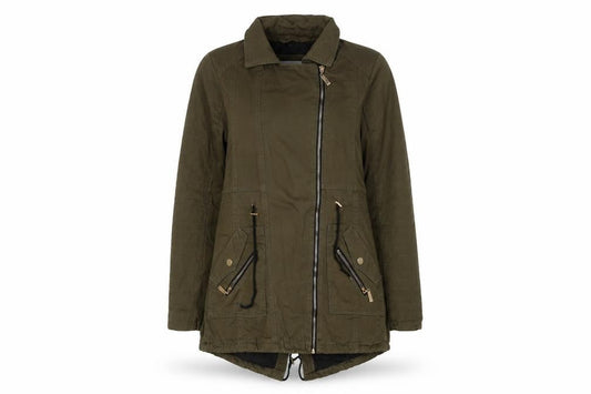 Front view of Miss Unique women’s green parka jacket, size UK 8, zip