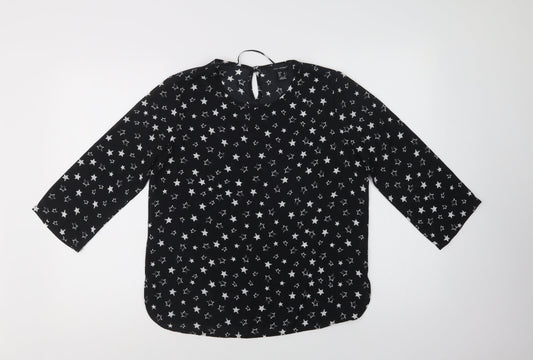 Primark Womens Black Geometric Polyester Basic Blouse Size 8 Round Neck - Star Print