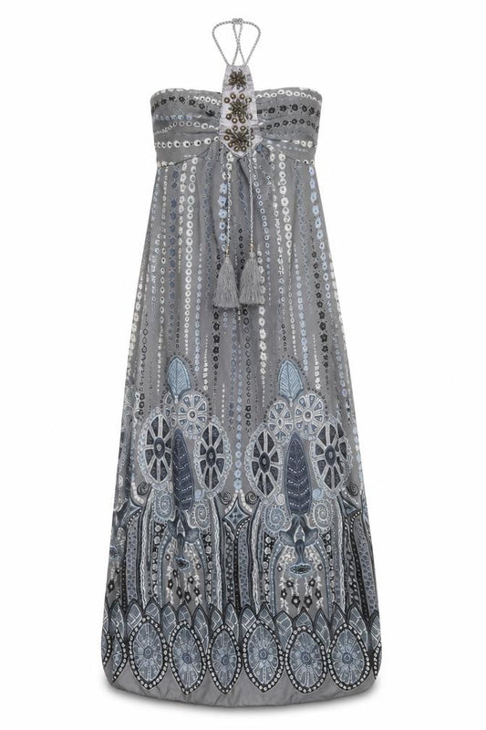 Front view of CDG Fashion women’s grey geometric polyester maxi, size S, off the shoulder