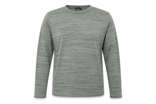 Front view of Marks & Spencer women’s green crew neck striped polyester jumper, size UK 16