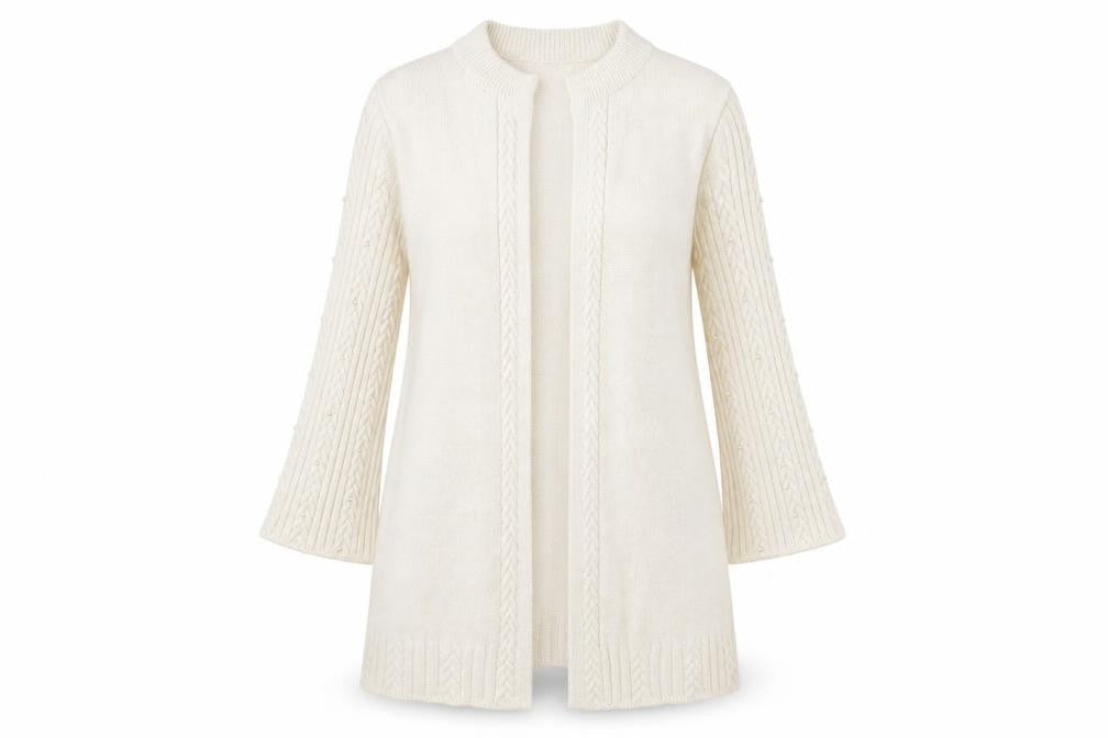 Front view of Tu women’s ivory v-neck acrylic cardigan jumper, size UK 10