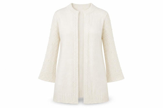 Front view of Tu women’s ivory v-neck acrylic cardigan jumper, size UK 10