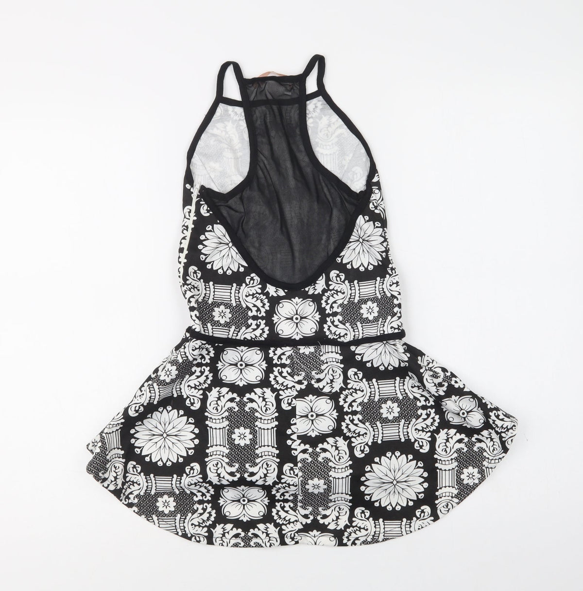 Back view of Eva & Lola women’s black floral basic blouse, size S, square neck