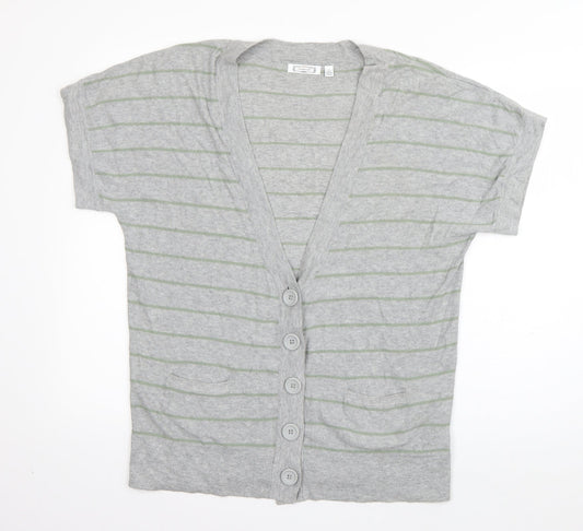 Aphorism Womens Grey V-Neck Striped Cotton Cardigan Jumper Size 14