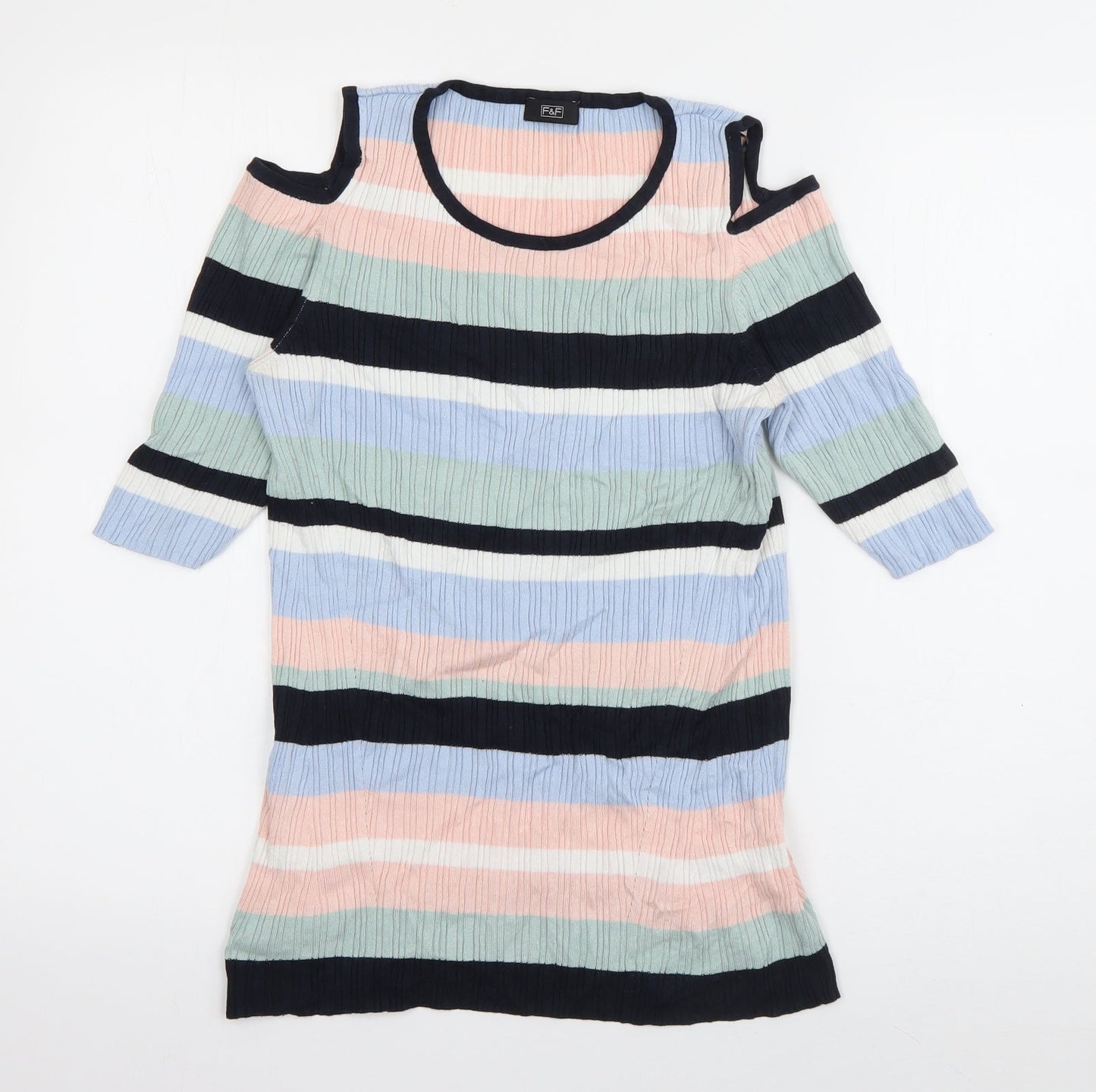 F&F Womens Multicoloured Round Neck Striped Viscose Pullover Jumper Size 14   - cut out shoulders