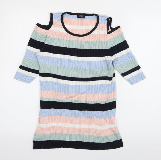 F&F Womens Multicoloured Round Neck Striped Viscose Pullover Jumper Size 14   - cut out shoulders