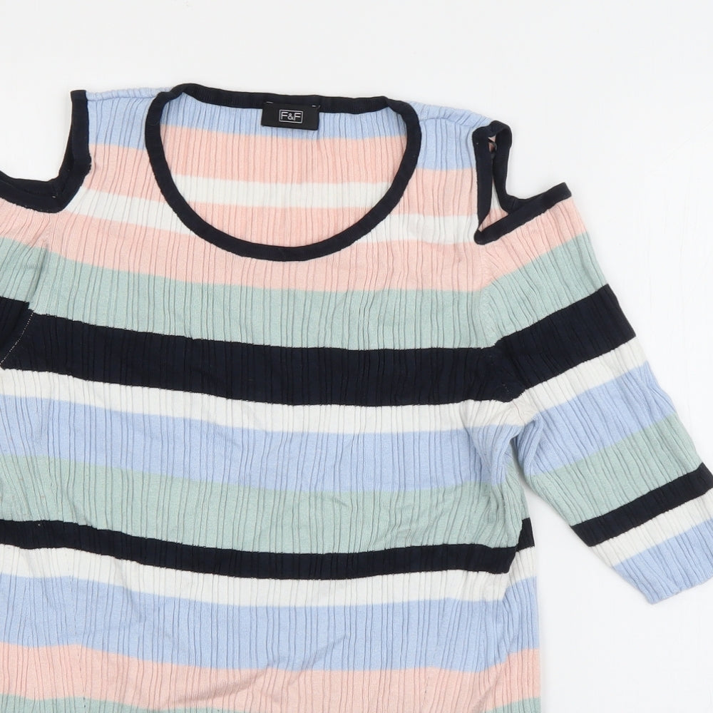 F&F Womens Multicoloured Round Neck Striped Viscose Pullover Jumper Size 14   - cut out shoulders