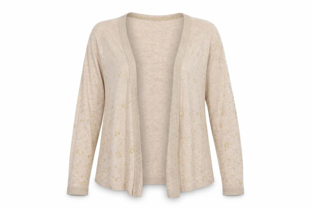 Front view of Marks & Spencer women’s pink v-neck geometric cotton cardigan jumper, size S, - stars