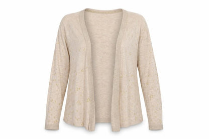Front view of Marks & Spencer women’s pink v-neck geometric cotton cardigan jumper, size S, - stars