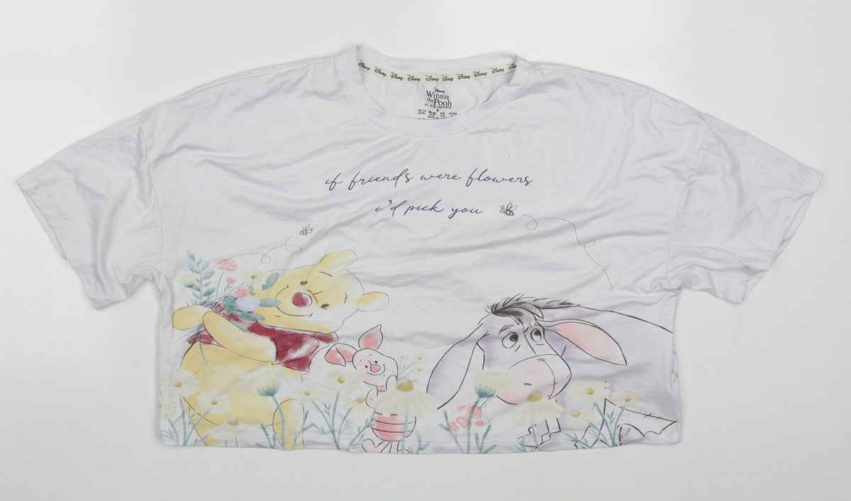 Front view of Primark women’s white solid polyester top pyjama top, size UK 10, - winnie the pooh