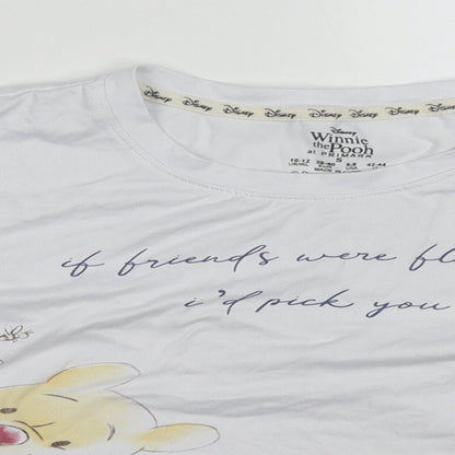 Close-up detail of Primark women’s white solid polyester top pyjama top, size UK 10, - winnie the pooh