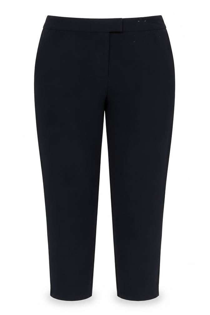 Front view of F&F women’s blue polyester trousers, size UK 12, 27-inch leg regular hook & eye