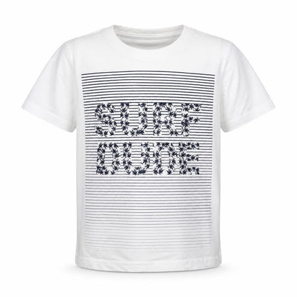 Front view of Primark boys’ white cotton basic t-shirt, size 18-24, months crew neck pullover - surf dude
