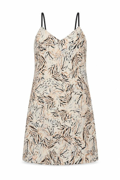 Front view of Primark women’s beige animal print polyester slip dress, size UK 6, v-neck pullover