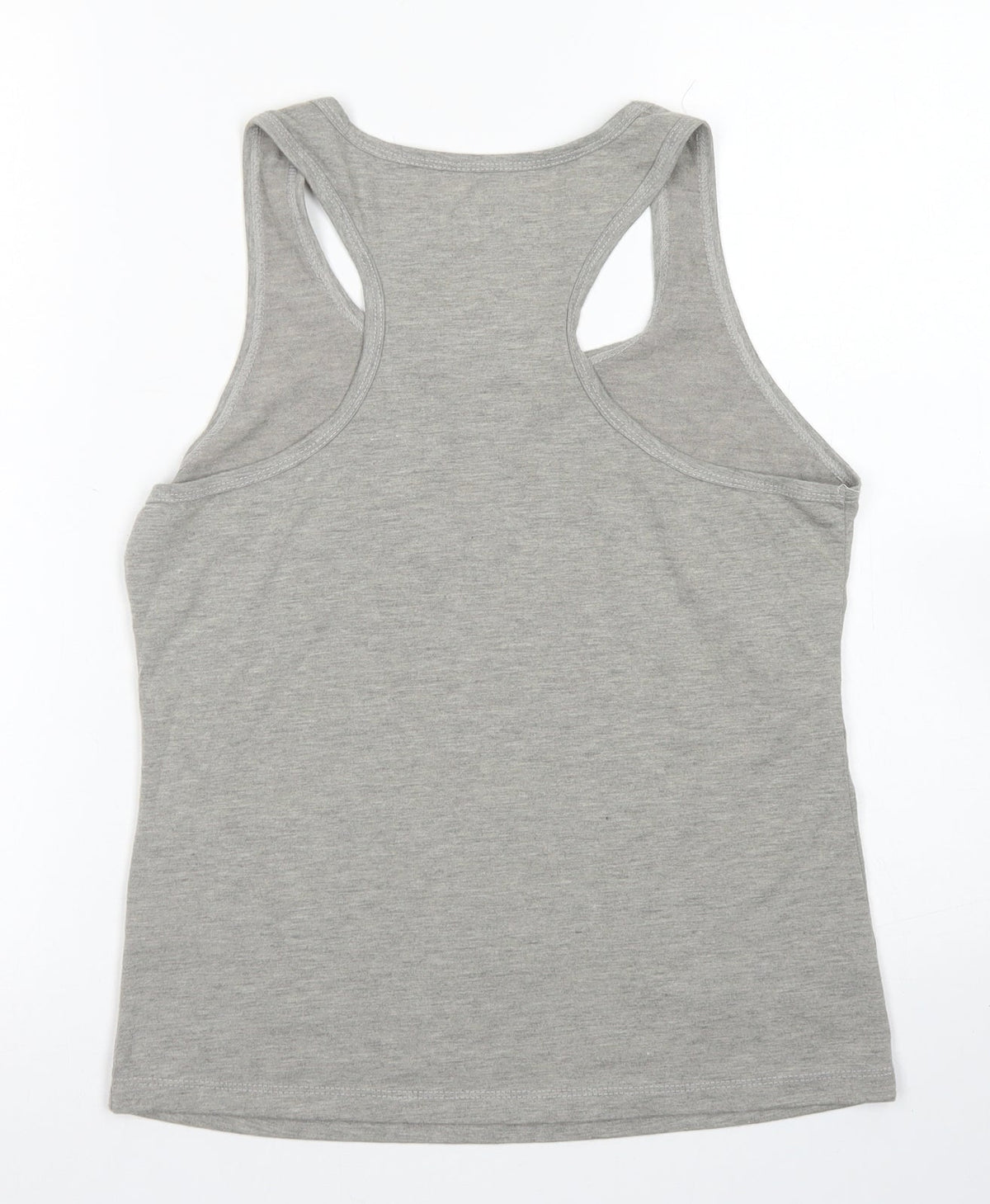 Back view of MPH women’s grey polyester basic tank, size S, scoop neck
