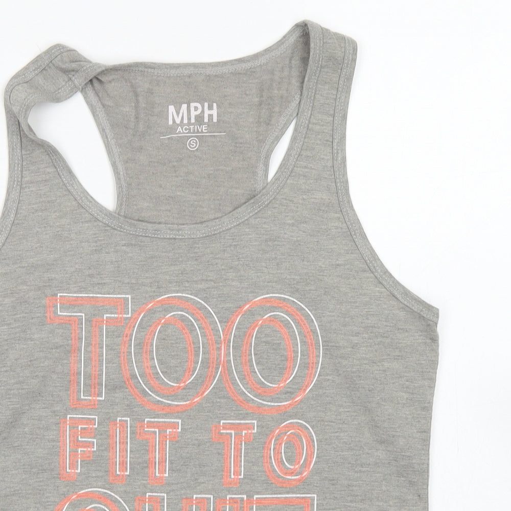 Close-up detail of MPH women’s grey polyester basic tank, size S, scoop neck