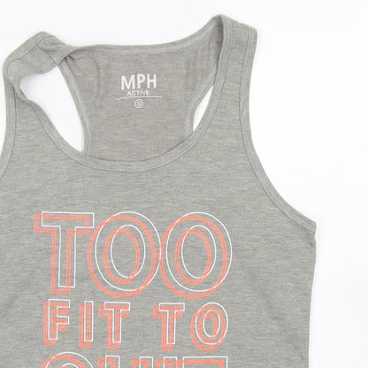 Close-up detail of MPH women’s grey polyester basic tank, size S, scoop neck