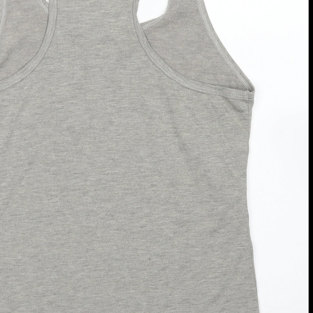 Brand and care label for MPH women’s grey polyester basic tank, size S, scoop neck