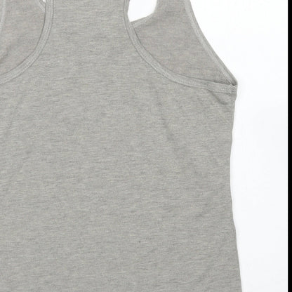 Brand and care label for MPH women’s grey polyester basic tank, size S, scoop neck