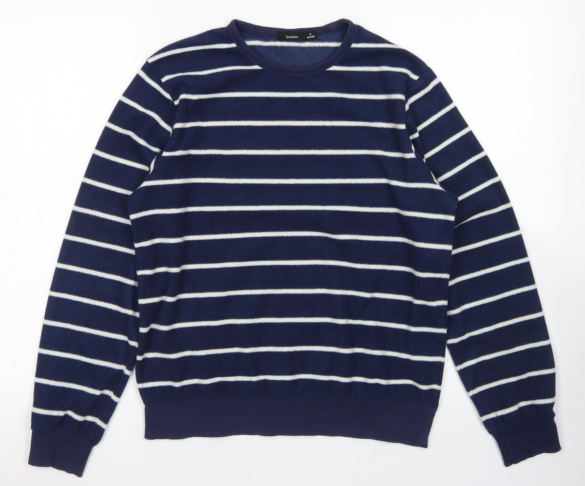 Additional front view of Bossini girls’ blue striped polyester pullover sweatshirt, size S