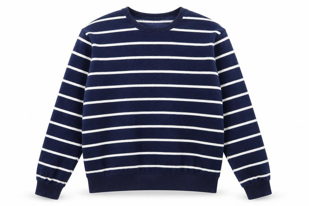 Front view of Bossini girls’ blue striped polyester pullover sweatshirt, size S