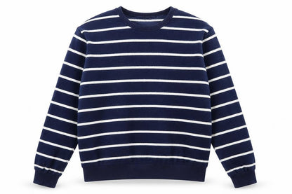 Front view of Bossini girls’ blue striped polyester pullover sweatshirt, size S