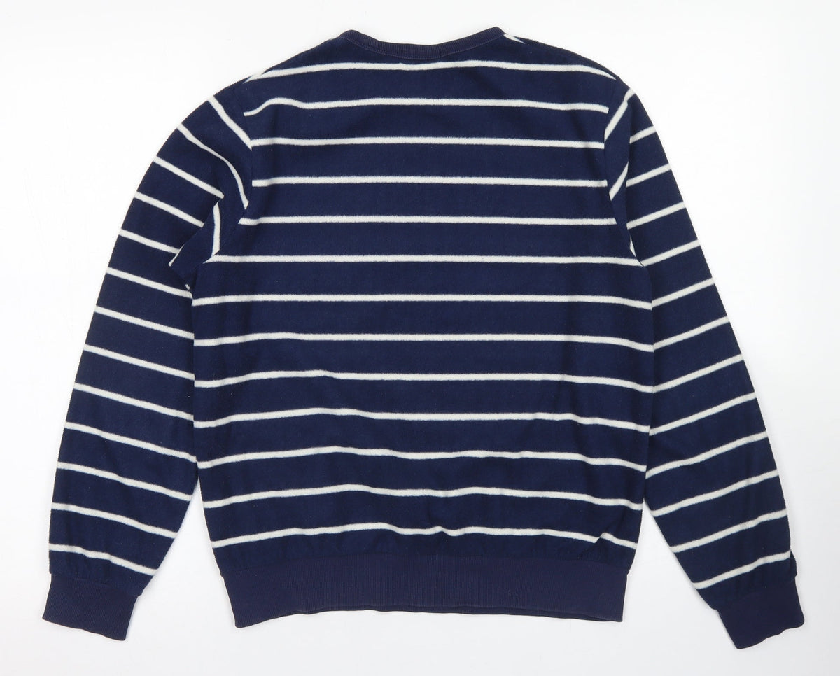 Back view of Bossini girls’ blue striped polyester pullover sweatshirt, size S