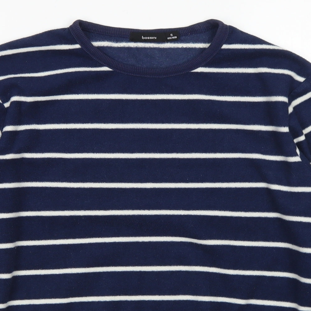 Close-up detail of Bossini girls’ blue striped polyester pullover sweatshirt, size S