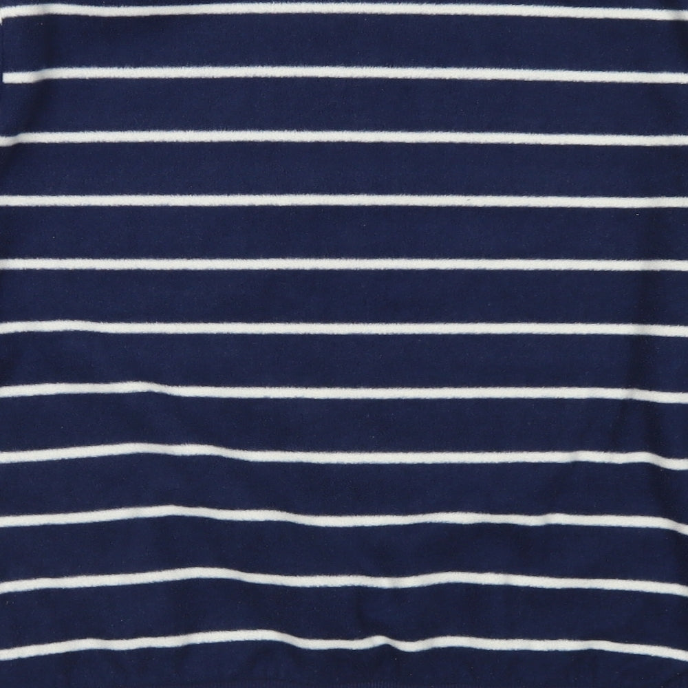 Brand and care label for Bossini girls’ blue striped polyester pullover sweatshirt, size S